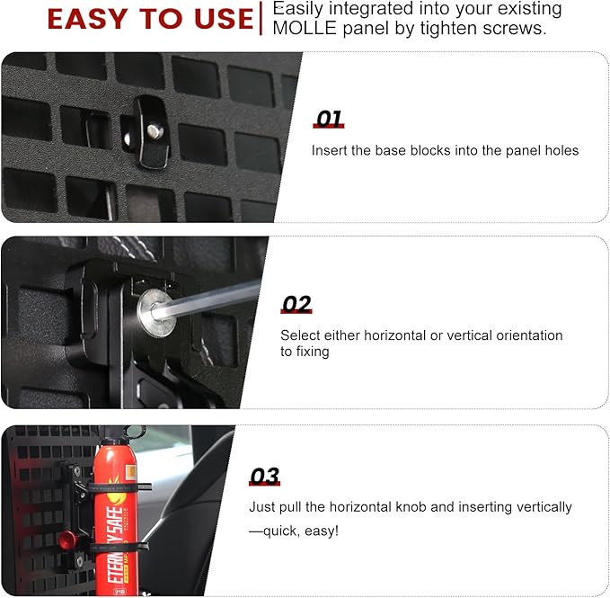 MOLLE Panel Fire Extinguisher Mount Kit-Quick Release Car Fire Extinguisher Mount Bracket for 1-2in Tactical Rigid MOLLE Panel Holes.Fire Extinguisher Holder Fits MOLLE Panels Accessories for Vehicle