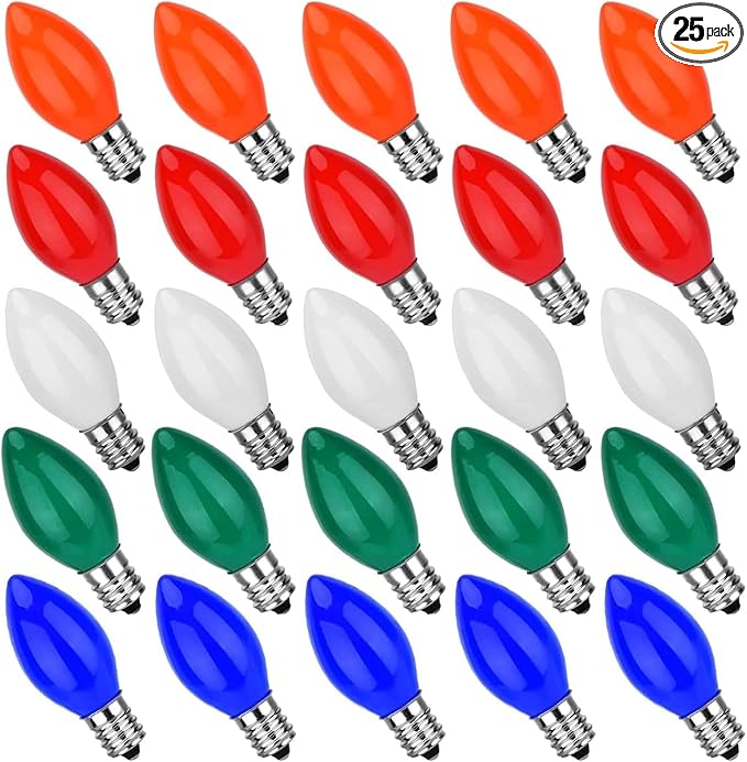 C7 Ceramic Christmas Replacment Bulbs, 25 Pack Multicolor Light Bulbs for E12 Candelabra Base Outdoor/Indoor String Lights, 5 Watt