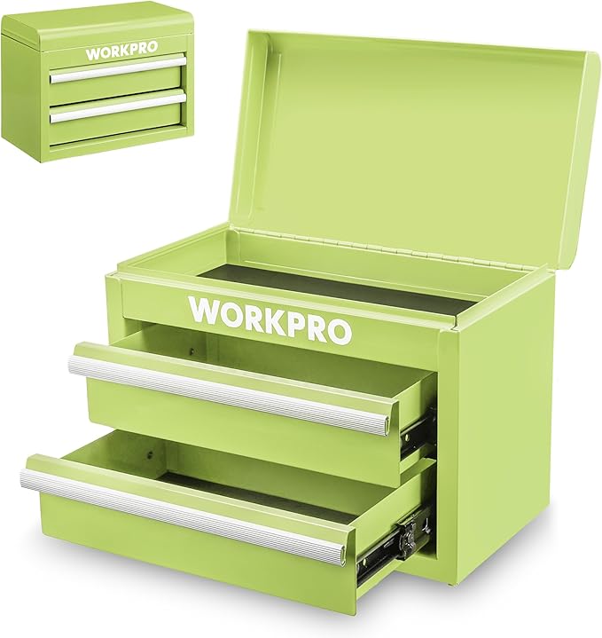 WORKPRO Metal Mini Tool Box, Top Tool Chest containing Two Drawers with Ball Bearing Slides, PVC Drawer Liners and PP Feet Pads, Durable Cold Rolled Steel Small Toolbox for Multi-Purpose Storage