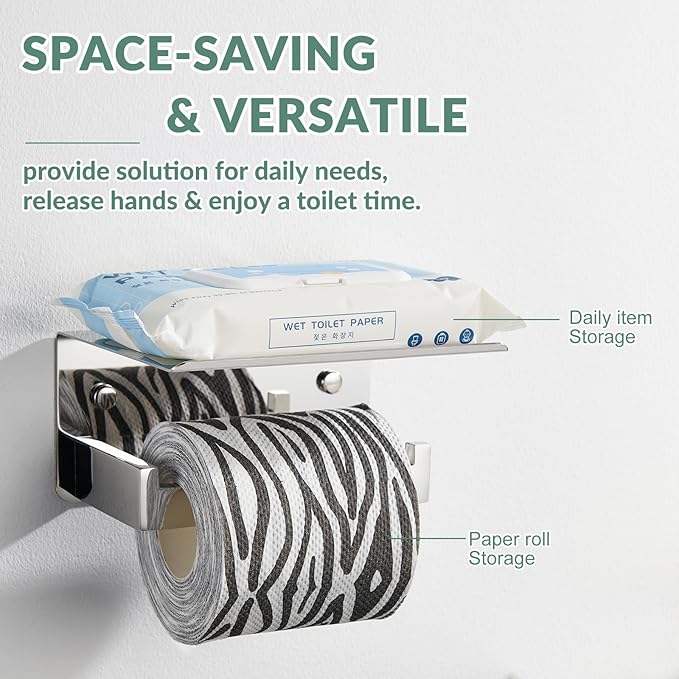 Toilet Paper Holder with Phone Shelf Polished Chrome, APLusee Bathroom Accessories 304 Stainless Steel Tissue Roll Dispenser Storage Wall Mounted