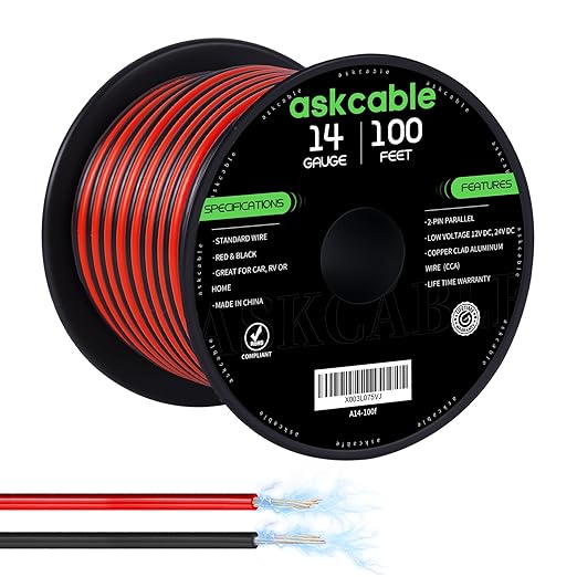 14 Gauge Wire, 14 AWG Electrical Wire Cable, 2 Conductors Red Black Wire, Copper Clad Aluminum(CCA) Flexible PVC Extension Cord for Speaker, Hookup LED Strips, Automotive 12V/24V DC (100FT)