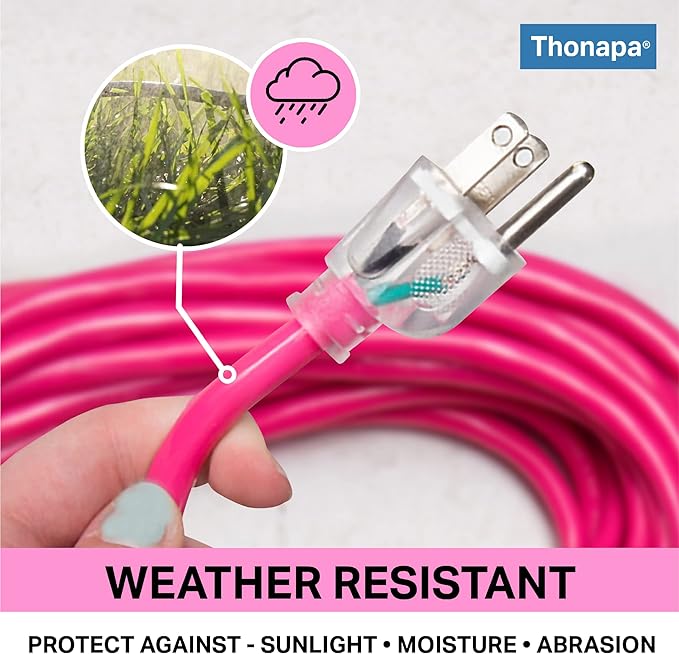10 Ft Outdoor Extension Cord with 3 Prong, 16/3 SJTW Neon Pink Extension Cord 10ft, 13 AMP for Indoor or Outdoor Use, Small Appliances, Gardens, Lawn, Lights Decor - UL Listed