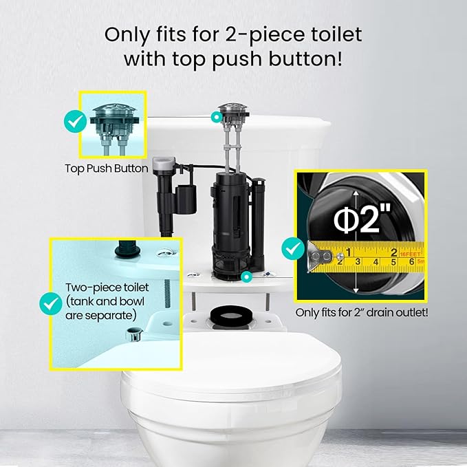 R&T 2-Inch Dual Flush Valve with Top Push Button Toilet Repair Kit Inside Tank dual flush valve replacement kit for 2-piece Toilet A2423