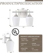 2 Lights Bathroom Light Fixture, 15 Inch Brushed Nickel Bathroom Vanity Lights Over Mirror, Modern Bath Wall Sconce Light with Frosted Glass, OS-YQ9167-2BNW