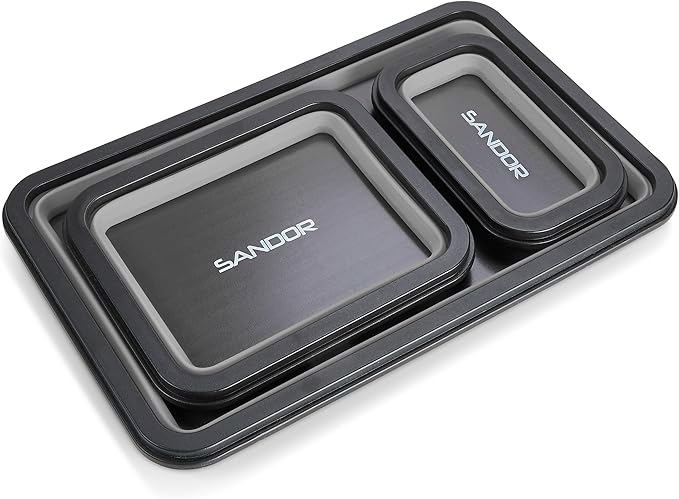 Collapsible Magnetic Parts Tray Set - 3 Different Size Tool Trays for Screw, Bolts, Nuts, Washers, Pins and Other Small Metal Parts, Mechanic Tool Gifts for Men - Light Grey