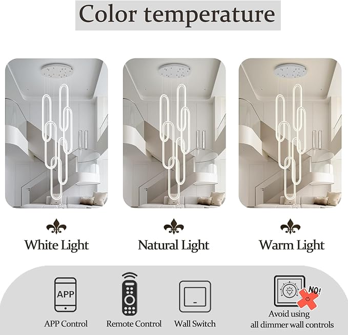 Flashing God H118 Modern Chandelier 6-Rings Contemporary Chandelier for High Ceiling Led Dimmable Large Pendant Lighting Chrome Ring Chandeliers for Villa Foyer Entrance Living Room