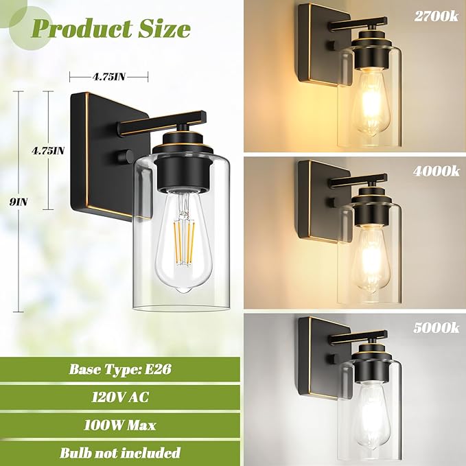 Set of 2 Wall Sconces for Bathroom, Modern Vanity Light Fixtures, Bronze Wall Mount Lighting Lanterns, Farmhouse Wall Lights with Clear Glass Shade for Bedroom Living Room Mirror Hallway Kitchen