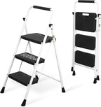 3 Step Ladder, Portable Steel Folding Step Stool with Wide Anti-Slip Pedal & Convenient Handgrip, 500lbs Sturdy Steel Ladder, White
