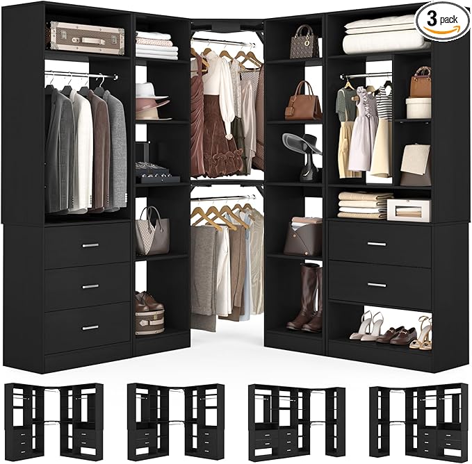Corner Closet System with 5 Drawers, Closet Organizer System with 15+Shelvess & 4 Hanging Rods, 63.2"L * 63.2"W / 87.2"L * 39.2"W Reversible L Shaped Walk-in Closets, Load 2500+LBS, Black