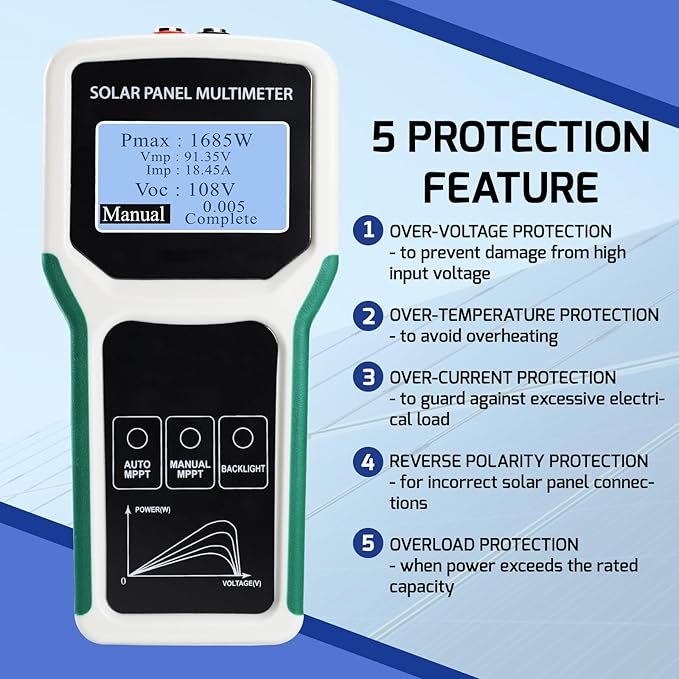 1800W Solar Panel Tester Photovoltaic Multimeter with Smart MPPT Detection for Solar PV Panel Data & Troubleshoot Measures, 24V | 48V | 120V Systems Overload Protection for PV Systems, Data Analysis