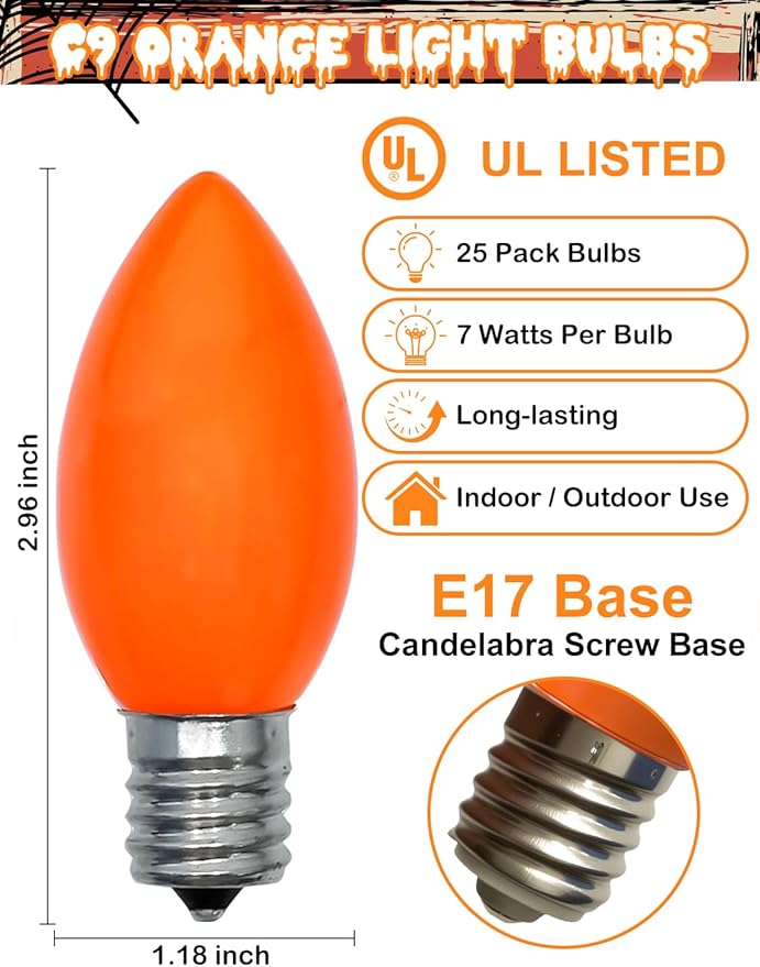 C9 Ceramic Halloween Replacement Bulbs, 25 Pack Orange Light Bulbs for E17 Candelabra Base Outdoor/Indoor String Lights, 7 Watt