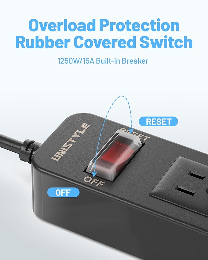 65 FT Outdoor Power Strip Weatherproof with Surge Protector - 6 AC Outlets, Unistyle 1700 J Lightning Protection, IPX4 Waterproof Extension Cord for Christmas Lights, Camping & Pool Parties Black