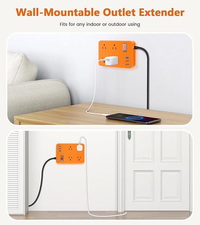 Outdoor Power Strip Weatherproof,Fast Charging Station 20W USB C,Waterproof Surge Protector 4 Outlets, Multi Outlet Extension for Camping, Garden, Kitchen,Bathroom,Flat Plug (Orange, 25 FT Cable)