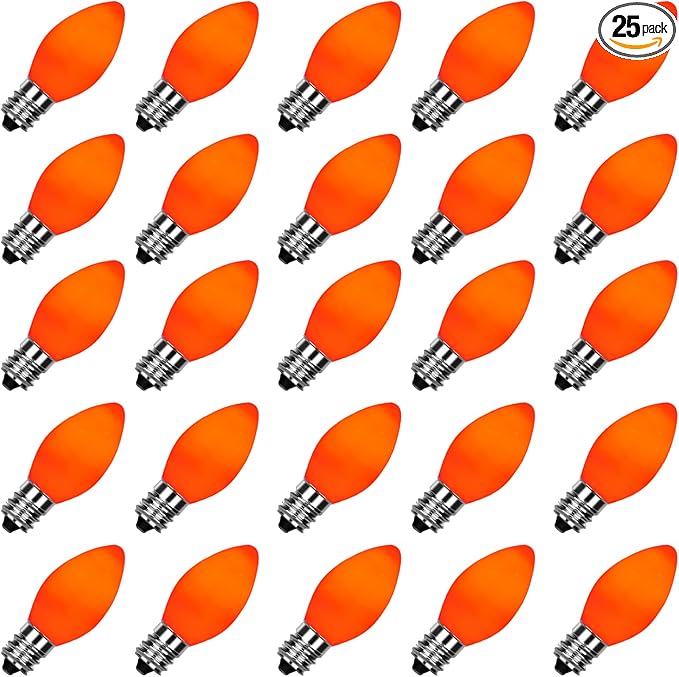 SUNSGNE C7 Christmas Orange Incandescent Night Light Bulbs, 25 Pack C7 Ceramic Replacement Bulbs for Outdoor String Lights, E12 Candelabra Base, 5 Watt, Ceramic Orange