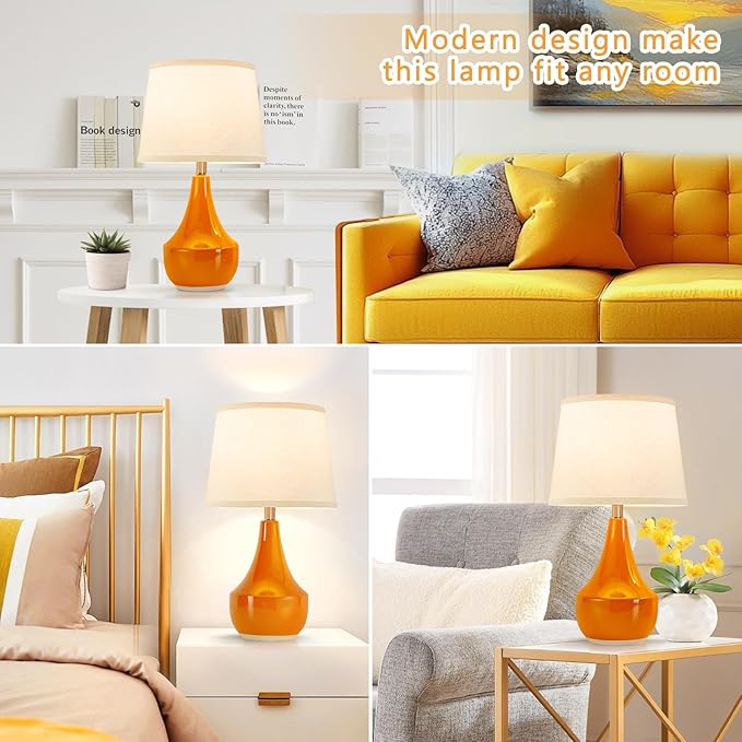 GyroVu Table Lamp Set of 2, Ceramic Table Lamp Classic Beside Lamps Nightstand Lamp Modern Table Lamp for Living Room, Bedroom & Office Rocker Swtich Orange-LED Bulbs Included