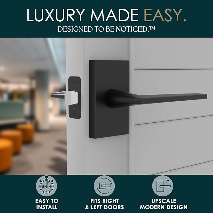 Mega Handles Apex Passage Door Handle - 1 Pack Reversible Black Door Handle, Heavy Duty No Lock Door Handles Interior for Closet & Hallway, Fits All Standard Door Sizes - Matte Black