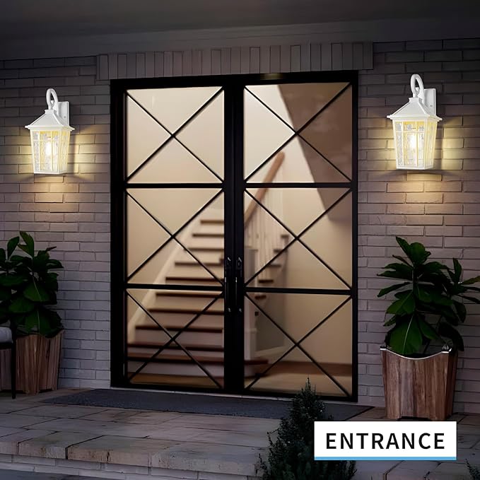 Darkaway 2pcs Large Outdoor Wall Lights for House, 18inch Exterior Lighting Fixtures Wall Mount White Outside Wall Sconce with Water Ripple Glass for Porch Patio Front Door