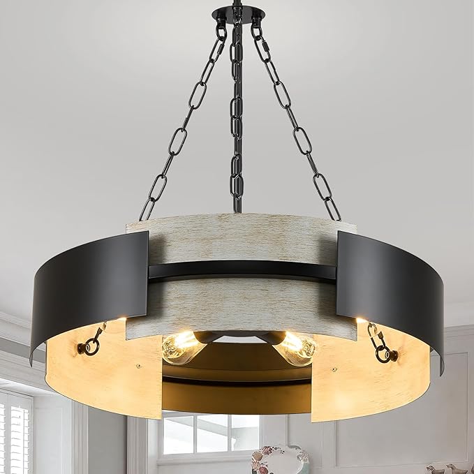 Industrial Drum Chandelier 24" 6-Light Modern Chandelier Black Metal Hanging Light Fixture Weathered Wood Grain for Living Dining Room Foyer Entryway Kitchen