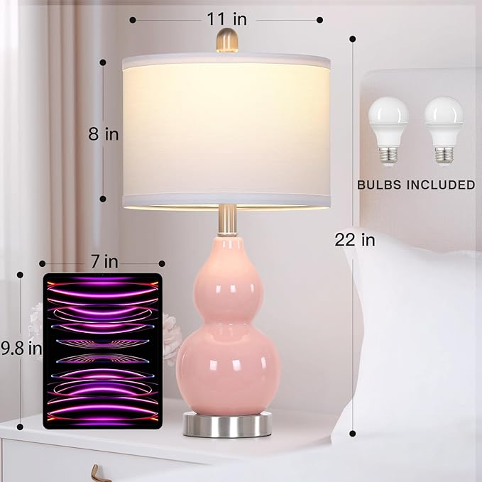 22" Double Gourd Ceramic Table Lamps Set of 2, Pink Modern Bedside Lamps for Living Room, Contemporary Nightstand Desk Lamps for Bedroom End Table Home Office Decor(2 LED Bulbs Included)