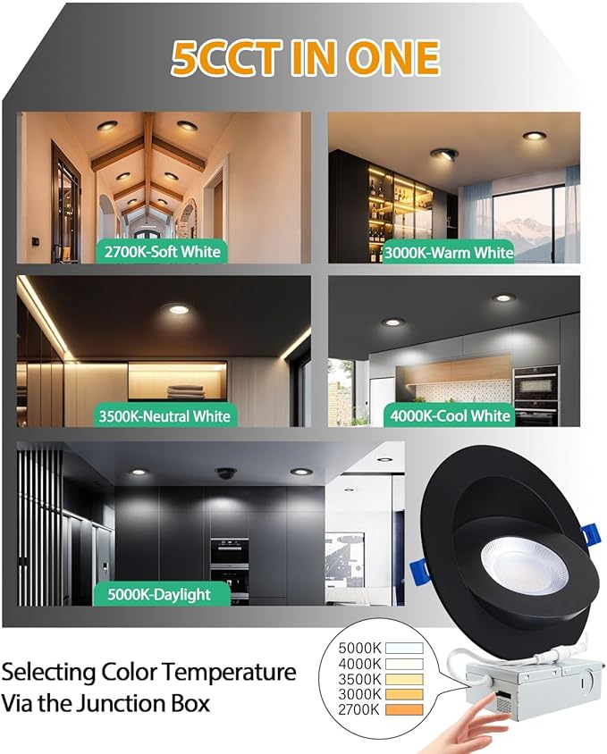 zouzai 6 inch 5CCT Gimbal Black Led Recessed Lights, 360°+90° Adjustable Directional Recessed Lighting, 2700K-5000K Dimmable Retrofit Eyeball Can Lights with Jbox, ETL&Energy Star(Black,12 Pack)