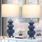 Triple Gourd Ceramic Table Lamps Set of 2, Modern Blue Bedside Lamps with USB A+C Ports & AC Outlet, 3 Way Touch Control Contemporary Nightstand Lamps for Bedroom Living Room