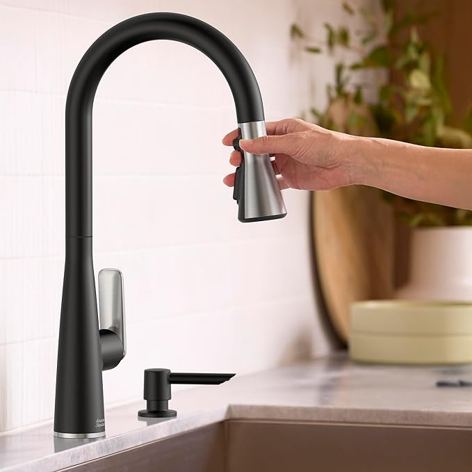 American Standard 1048814230 Aspirations Single-Hole Kitchen Sink Faucet with Pull-Down Sprayer, 1.8 GPM, Matte Black/Stainless Steel