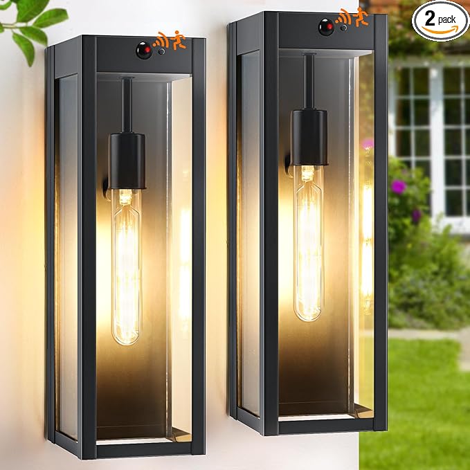 15.3" Large Motion Sensor Outdoor Wall Lights 2Pack, Dusk to Dawn Porch Lights Outdoor Wall Sconces,3 Lighting Modes Black Exterior Lighting Fixtures, Outside Lanterns for House Garage,None-Bulb