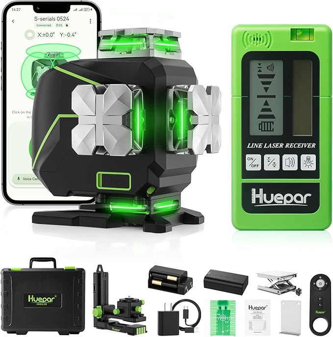 Huepar 16 Lines Self Leveling Laser Level 4x360° Cross Line Laser with Receiver -LCD Screen, 4D Bluetooth Green Beam Tiling Floor Laser Tool, 360° Horizontal/Vertical Laser Kit -Remote Control S04-5RG