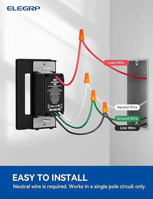 ELEGRP Smart Dimmer Light Switch DTR10, Single Pole Setup, 2.4GHz Wi-Fi Touch Dimmer Compatible with Alexa and Google Assistant, Needs Neutral Wire, No Hub Required, UL&FCC Listed, Black, 1 Pack