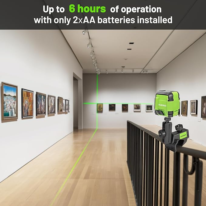 Laser Level with Clamp, HUEPAR 98Ft Self Leveling Laser Level Green Line Laser Cross Line Laser Leveler Tool for Picture Hanging, Tile, Home Renovation, Indoor Project, Battery&Carrying Bag Included