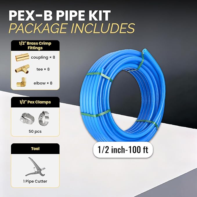 1/2 Inch-100 ft Foskan Blue PEX-B Pipe,Water Tubing with a Pipe Cutter,24 Pcs Pex Crimp Brass Fittings & 50 Pcs Clamp rings