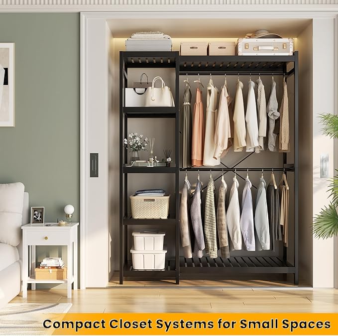 Homykic Bamboo Clothes Rack Garment Rack for Hanging Clothes, Heavy Duty Clothing Rack with 7 Tiers Adjustable Shelves, Double Rods, 4 Hooks, Freestanding Closet System Organizer Wardrobe, Black