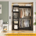 Homykic Bamboo Clothes Rack Garment Rack for Hanging Clothes, Heavy Duty Clothing Rack with 7 Tiers Adjustable Shelves, Double Rods, 4 Hooks, Freestanding Closet System Organizer Wardrobe, Black