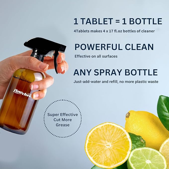 Multi-Surface Cleaner Kits-2 Pack Reusable Spray Bottles & 4 Pack All Purpose Cleaner Refills Tablet, 4 x 16.9 Fl oz Bottles of Spray Cleaner Lemon and Lavender Scent