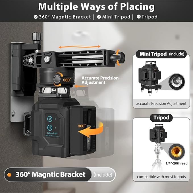 Takamine 12 lines 3D Self-Leveling laser level Pro,3x360 Green Cross Line with Burst flash mode and brightness adjustment, Remote Controller, Magnetic Rotating Stand Included