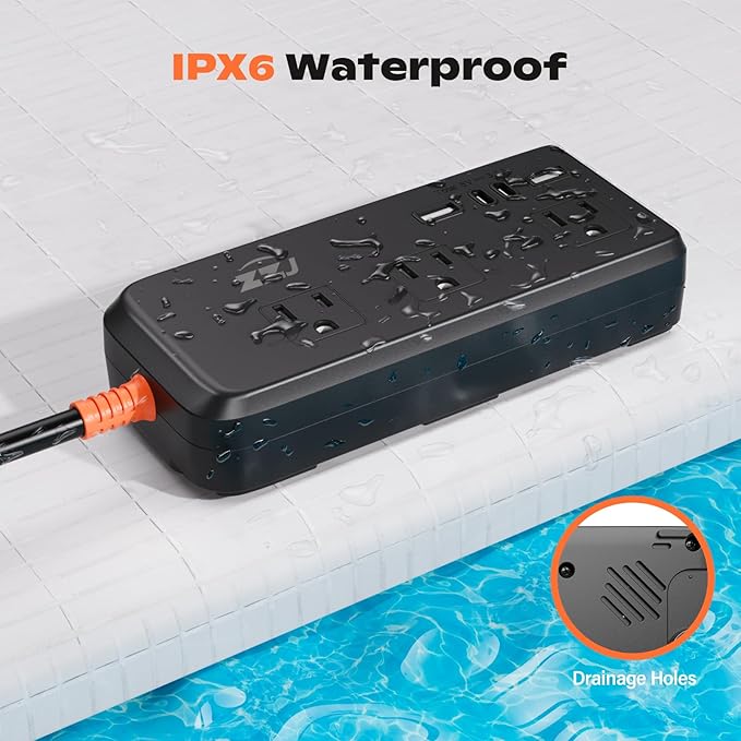 Outdoor Power Strip Weatherproof, IPX6 Waterproof Surge Protector with 3 AC Outlets and 2USB A&2USB C, 6FT Extension Cord, Wall Mountable for Indoor Outdoor, UL FCC Listed