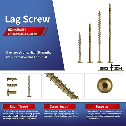 #14 x 3 Inch Lag Screws (440Pcs) 10lb. Structural Wood Screw, Bronze, Carbon Steel, Washer Head, Rust Resistant epoxy Coated, T30 Star Bit