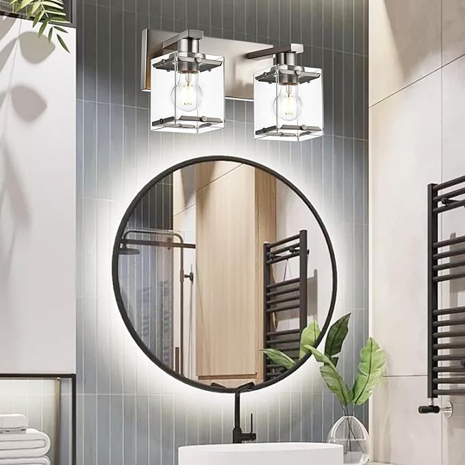 2-Lights Wall Sconce Lighting E26 Bulb Base, Modern Brushed Nickel Bathroom Vanity Light for Over Mirror Bedroom Cabinet, Wall Light Fixtures with Clear Glass Shades
