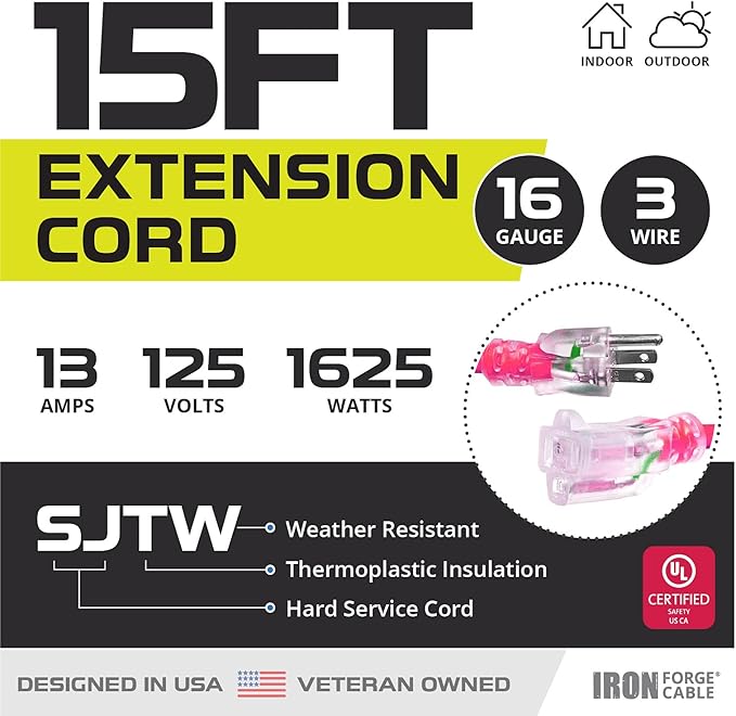 Iron Forge Cable Weatherproof 15 Ft Outdoor Extension Cord - 16/3 SJTW 13 Amp Heavy Duty Neon Pink Extension Cord 3 Prong - Lighted End
