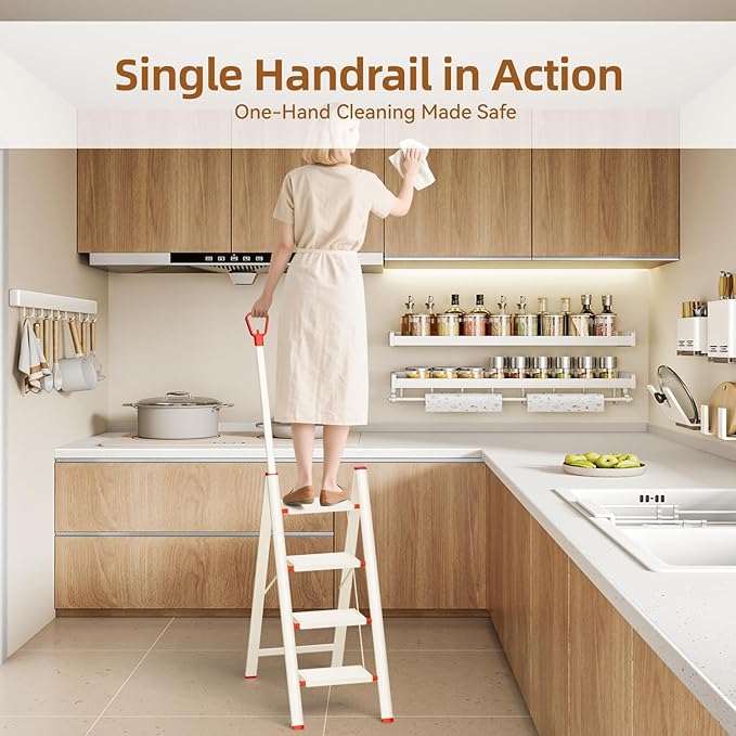 ASPERALD 4 Step Ladder with Single-Handrail,Foldable Step Stool with Anti-Slip Wide Pedals for Home Kitchen Closet, Step Ladder 4 Step Folding White
