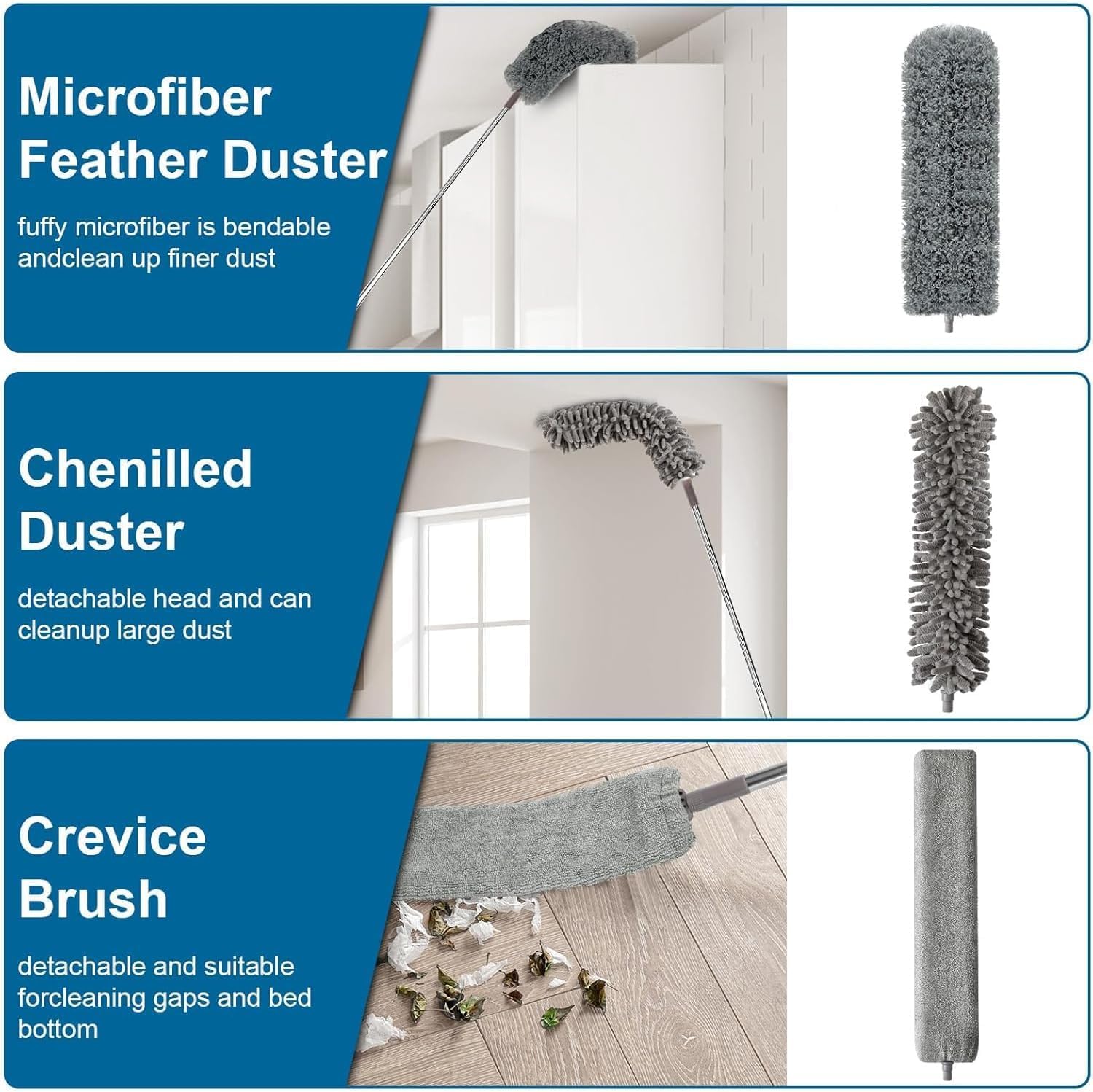 7 Pcs Microfiber Feather Duster with 100-inch Telescopic Extendable Pole, Washable and Reusable Cobweb Duster Kit, Dusters for Cleaning High Ceiling,Fan,Furniture,Blinds