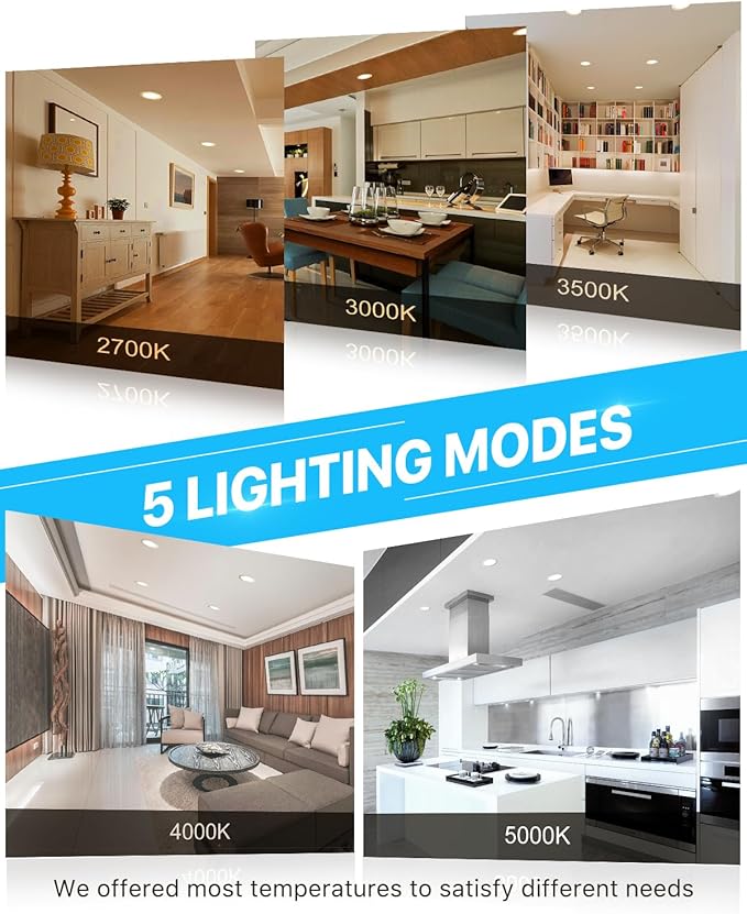 Ensenior 6 Pack 6 Inch LED Recessed Light, Dimmable, 2700K-5000K 5CCT, 1050LM High Brightness, 12W 120V, Damp Rated, Ultra-Thin Canless Wafer Ceiling Light - ETL & FCC & IC