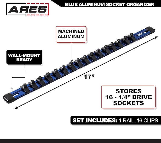 ARES 60042-1/4-Inch Drive Blue Aluminum Socket Organizer - Store up to 16 Sockets and Keep Your Tool Box Organized - Sockets Will Not Fall Off this Rail