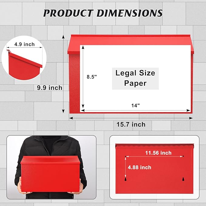 KYODOLED Wall-Mount Mailbox, Large Capacity Mail Box, Galvanized Steel Rust-Proof Metal Post Box, Mailboxes for Outside,15.7"x9.9"x4.9" Red