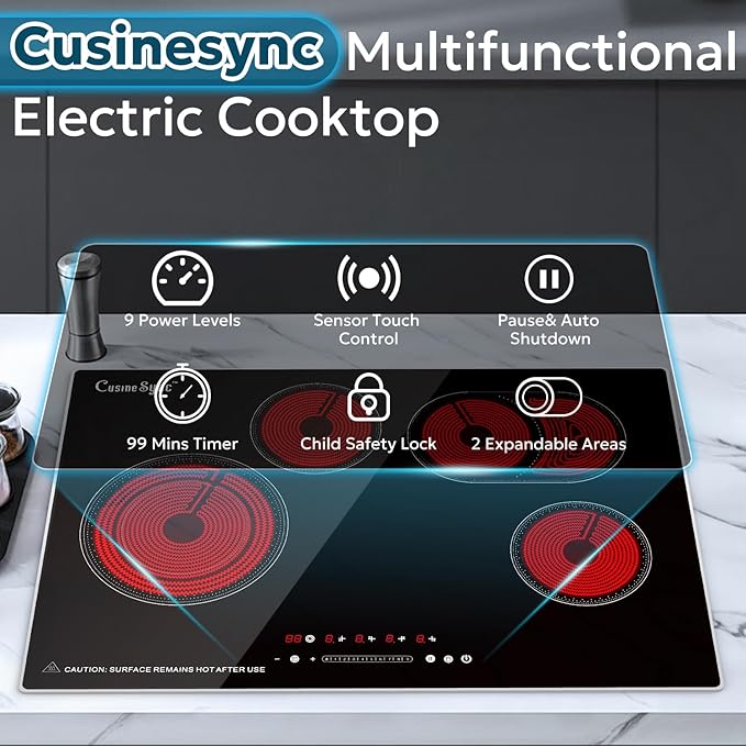 30 Inch Electric Cooktop 4 Burner 7400W Ceramic Stove, Built-in Electric Stove Top with Full Metal Frame Protection, Timer, Safety Lock, Pause, Dual Ring, 220V Hard Wired