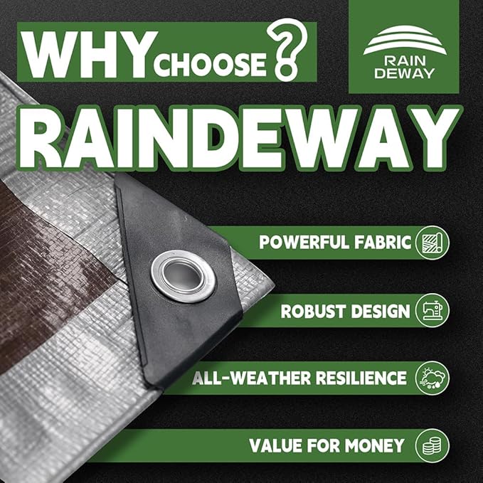 RAINDEWAY Tarps Heavy Duty Waterproof 9x12 Feet,10Mil Thick Multipurpose Poly Tarp Cover with Metal Grommets and Reinforced Edges,Silver/Brown Tarp