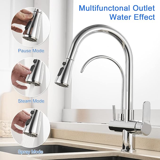 MENATT 2 Handle Kitchen Sink Faucet with Dringking Water Faucet, Pull Down Sprayer 3 in 1 Water Filter Purifier Faucets (Chrome)