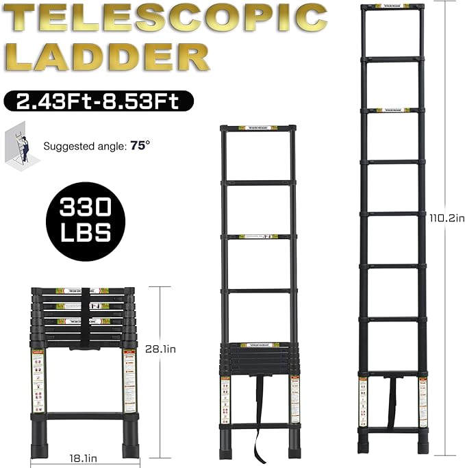 RIKADE Telescoping Ladder 8.5FT & Attic Ladder, Heavy Duty Aluminum with Non-Slip Feet, 330lb Capacity for RV, Attic, Roof & Multi-Surface Use