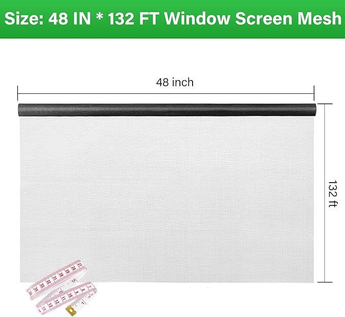 Window Screen Replacement Kit 48 Inch X 132 Feet Durable High Hardness Nanofibers Roll Screen Mesh Window Screen Repair Kit Black for Any Door and Window
