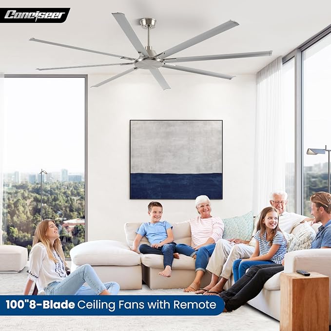100 Inch Ceiling Fans with Remote No Light for Living Room Bedroom Kitchen Home Office Library Cafe Outdoor/Industrial Use, 8 Aluminum Blades 6 Speed Reversible Quiet DC Motor, Sand-nickel